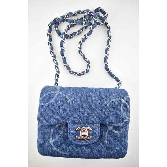 Chanel 20B Blue Denim Mini Square CC Logo Quilted Silver Chain Crossbody Bag - Picture 4 of 12